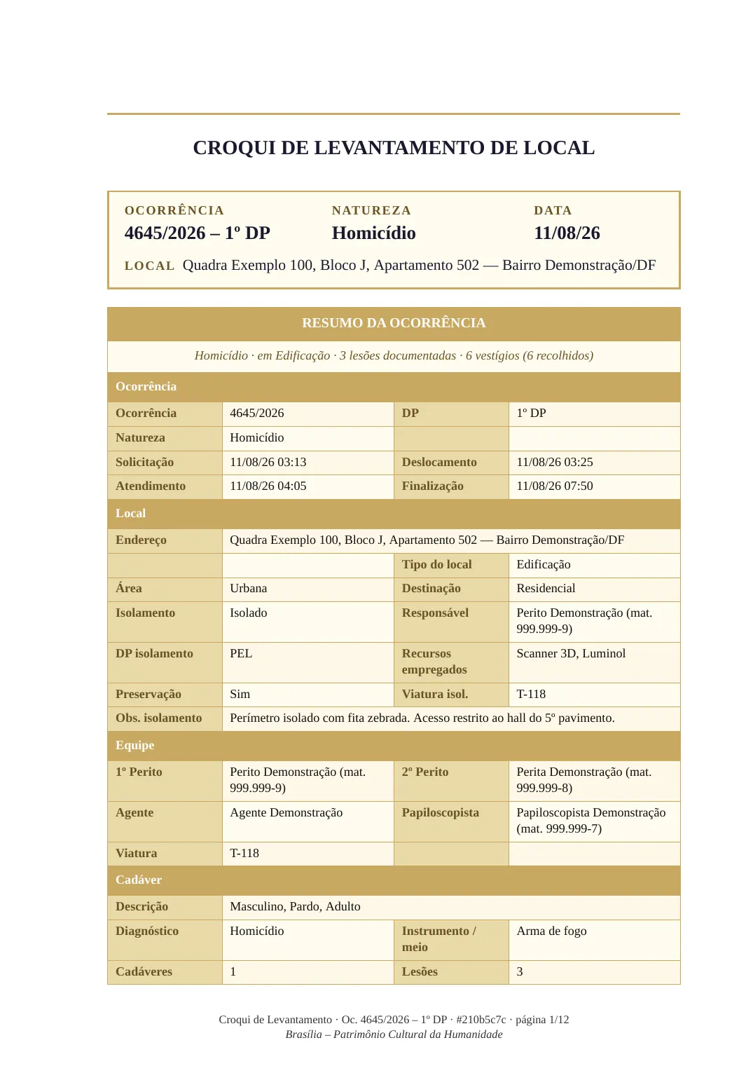 Primeira página: título e quadro da ocorrência